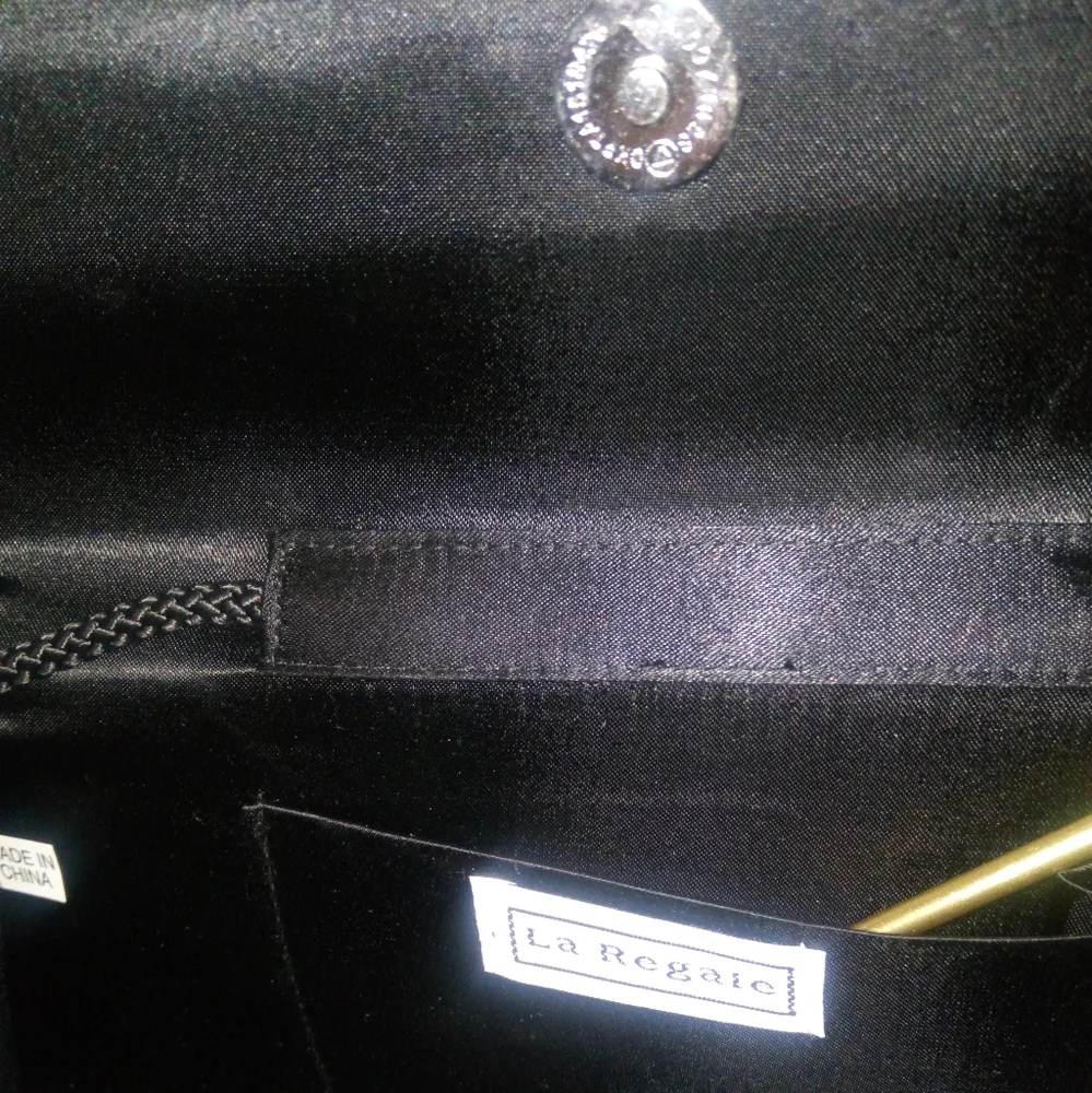 La Regale Satin Clutch in Black with Silver Trim